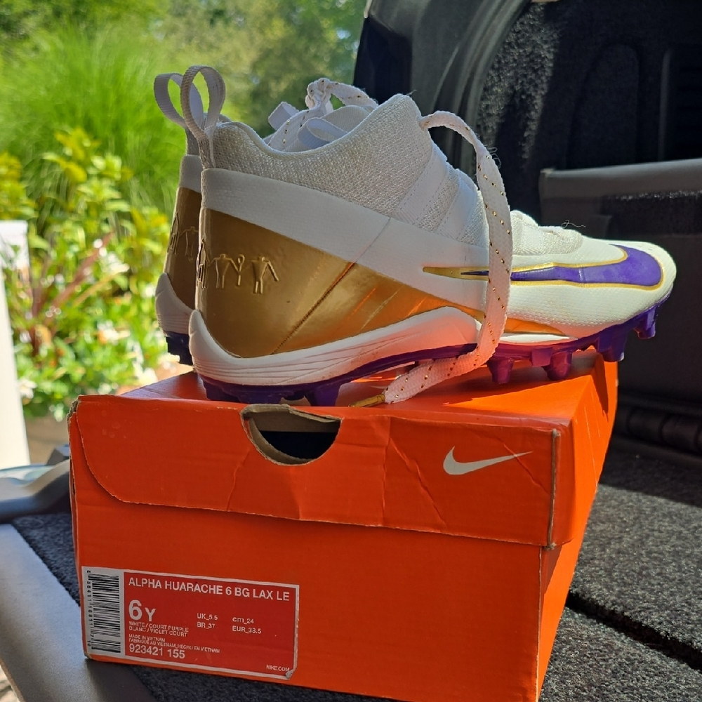 Nike Alpha Huarache 6 Gold and Purple Cleats